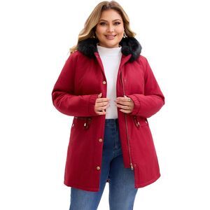 Plus Size Pockets Fleece Lined Windbreaker Fur Hood Winter Coat Burgundy